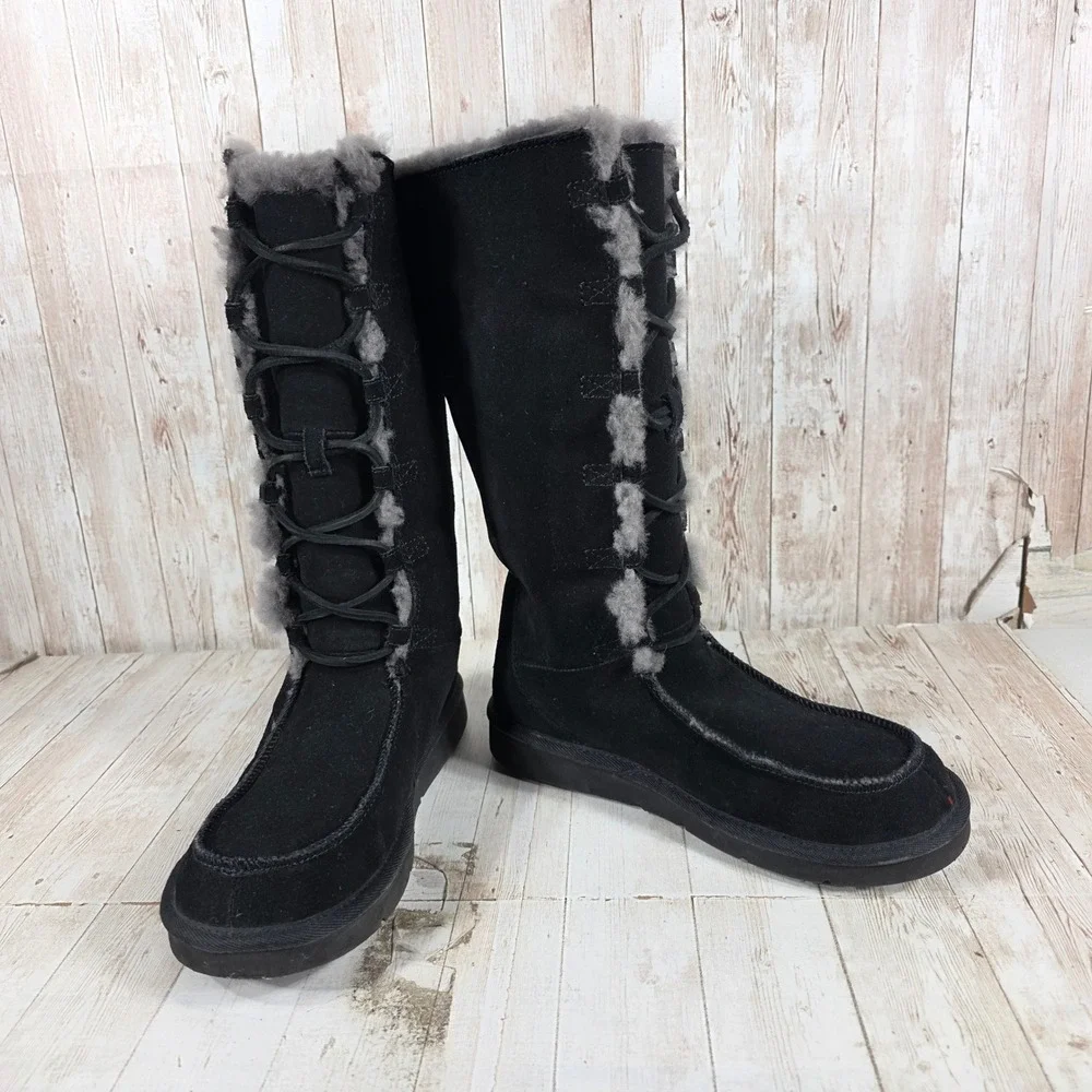 UGG Australia Sundance II Black Suede Sheepskin Lace Up Tall Boots 5230 Womens 8